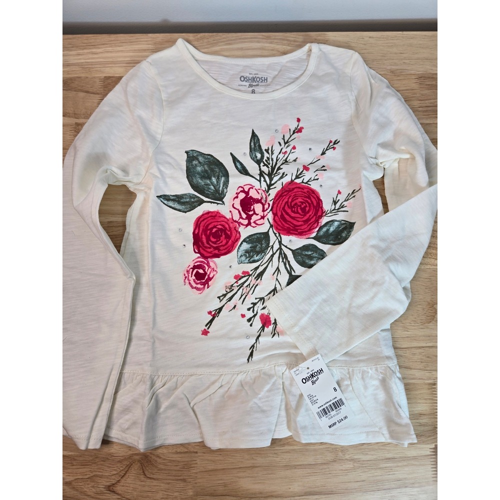 OshKosh Bgosh Girls Size 8 Floral Long Sleeve Peplum Top Cream Red Rose Sparkle